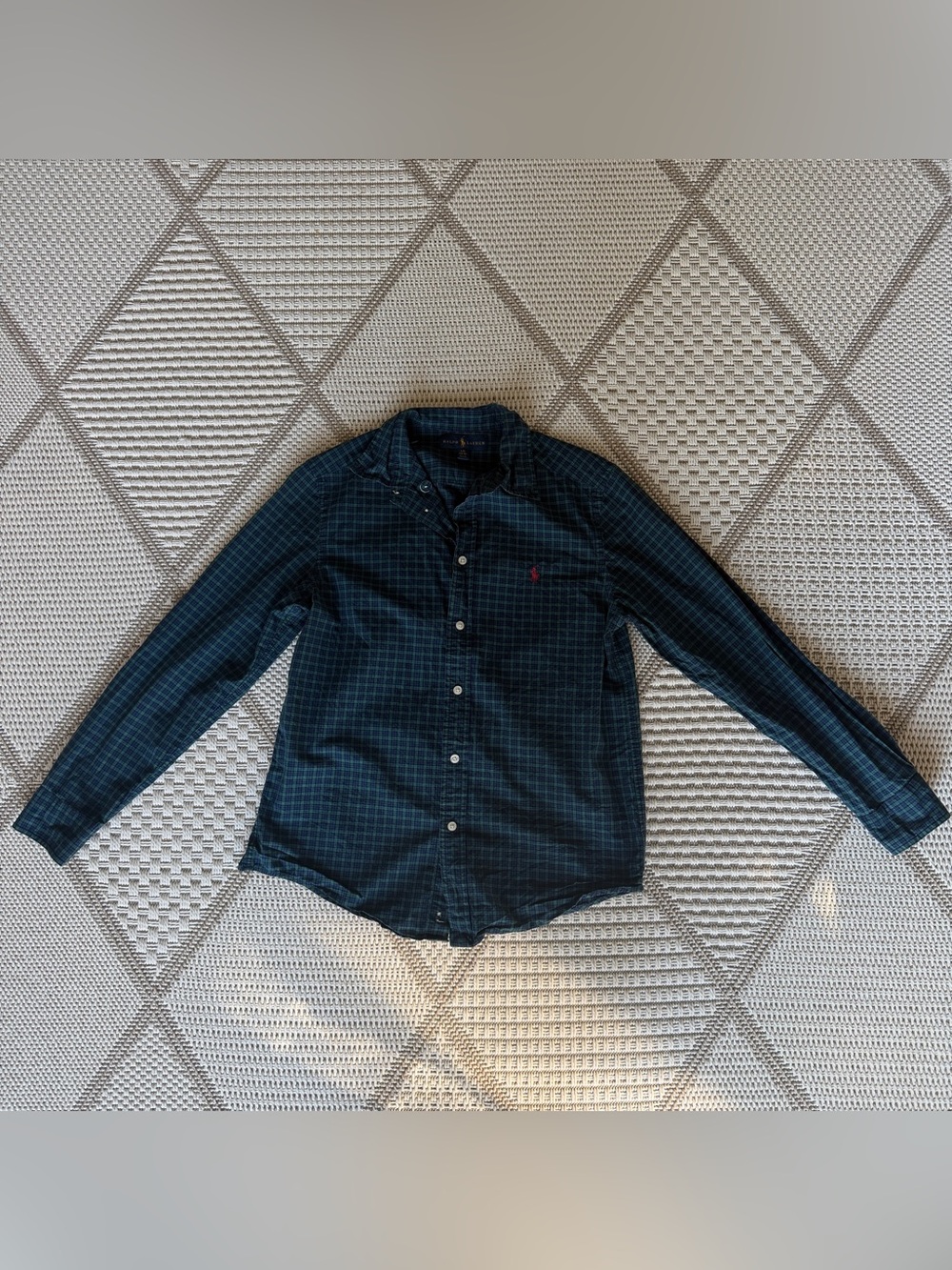Ralph Lauren Dark Navy Green Plaid Check Button-Down Long Sleeve Shirt L 14-16
